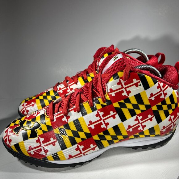 RARE Under Armour Mens Size 10.5 Shoes Maryland Flag Sneakers Mid Top Terrapins - Picture 2 of 13